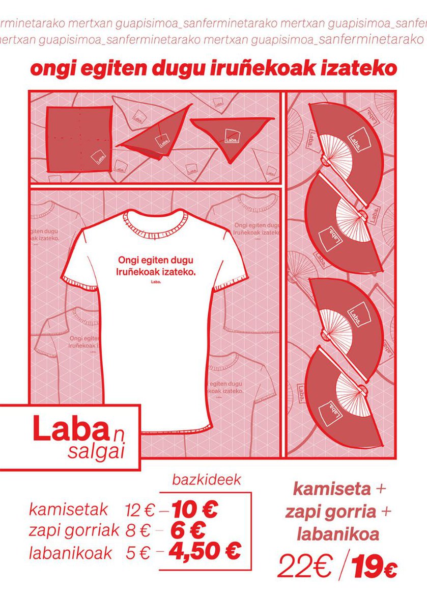 labasarea's tweet photo. Prest dituzu dagoeneko sanferminetako jantziak?
Lasai, guk dena prestatu dizugu eta:

Kamisetak 👕
Zapiak 🔻
Labanikoak 🪭

Laba dendan salgai dituzue denak!

#SFk23 #labagara https://t.co/PdlRzSHPUF