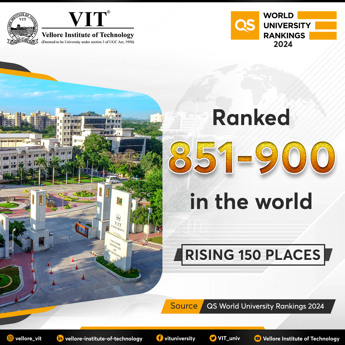 VIT has jumped 150 places from last year rankings and is currently ranked between 851-900 globally in the 2024 QS World University Rankings!

#VIT #UniversityRankings #QS2024 #WorldRankings