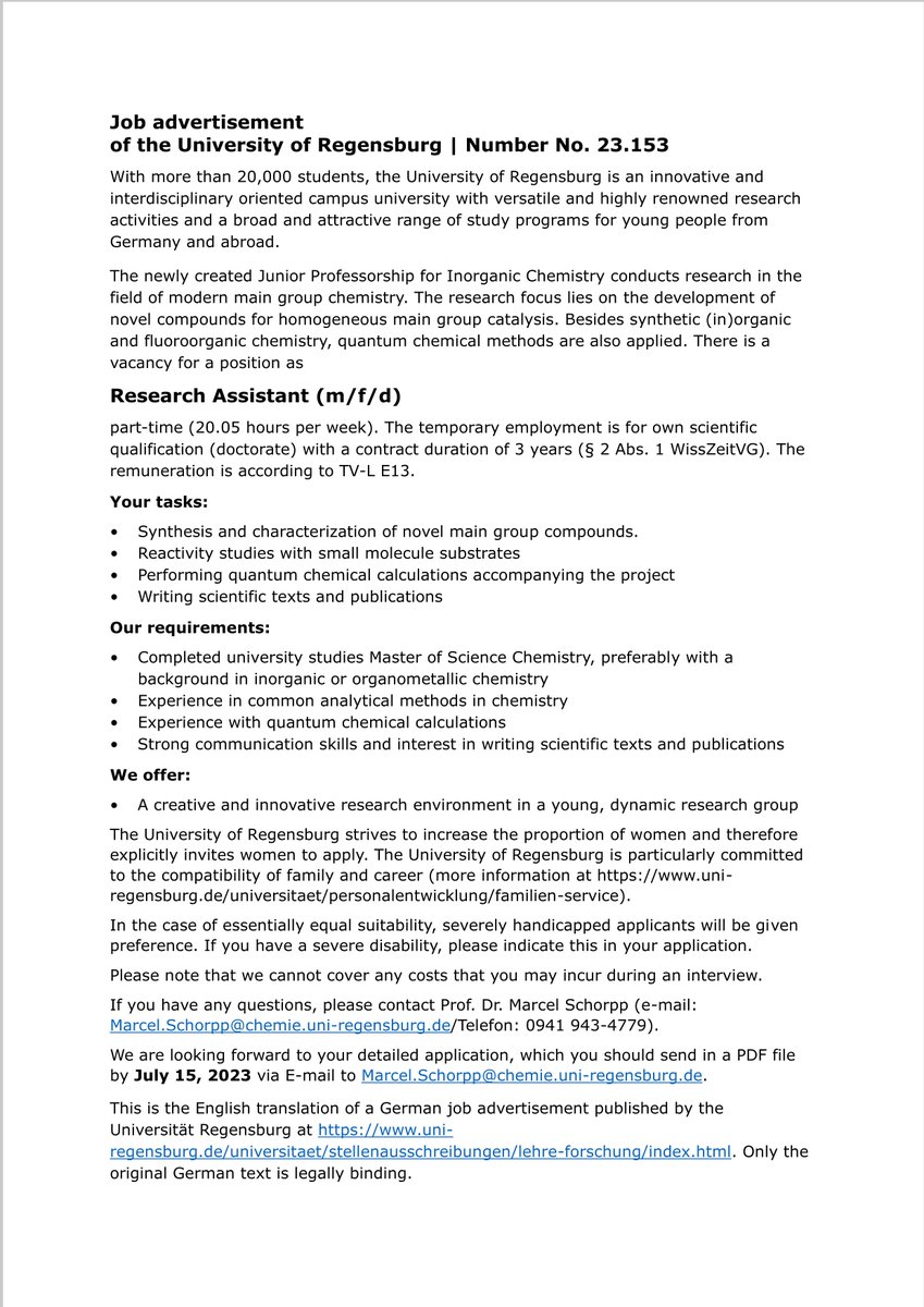 We are #recruiting! 
Attached you find details for a funded #PhD position @uni_regensburg .
You will be developing #maingroup compounds for application in #sustainable #catalysis in a young and dynamic research group. #newPI #chemTwitter #chemPhD #chemjobs @Chemjobber. 
Please RT