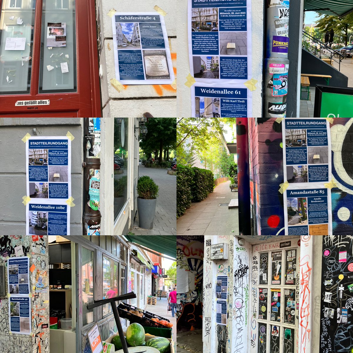An den Stationen des heutigen Stadtteilrundgang zum Widerstand gegen das NS-Regime im Schanzen- und #Weidenviertel an den einzelnen Stationen in der #Bartelsstraße, #Amandastraß, #Schäferstraße und #Weidenallee Plakate angebracht. Start ist vor der #Schanzenstraße 41 um 17 Uhr.