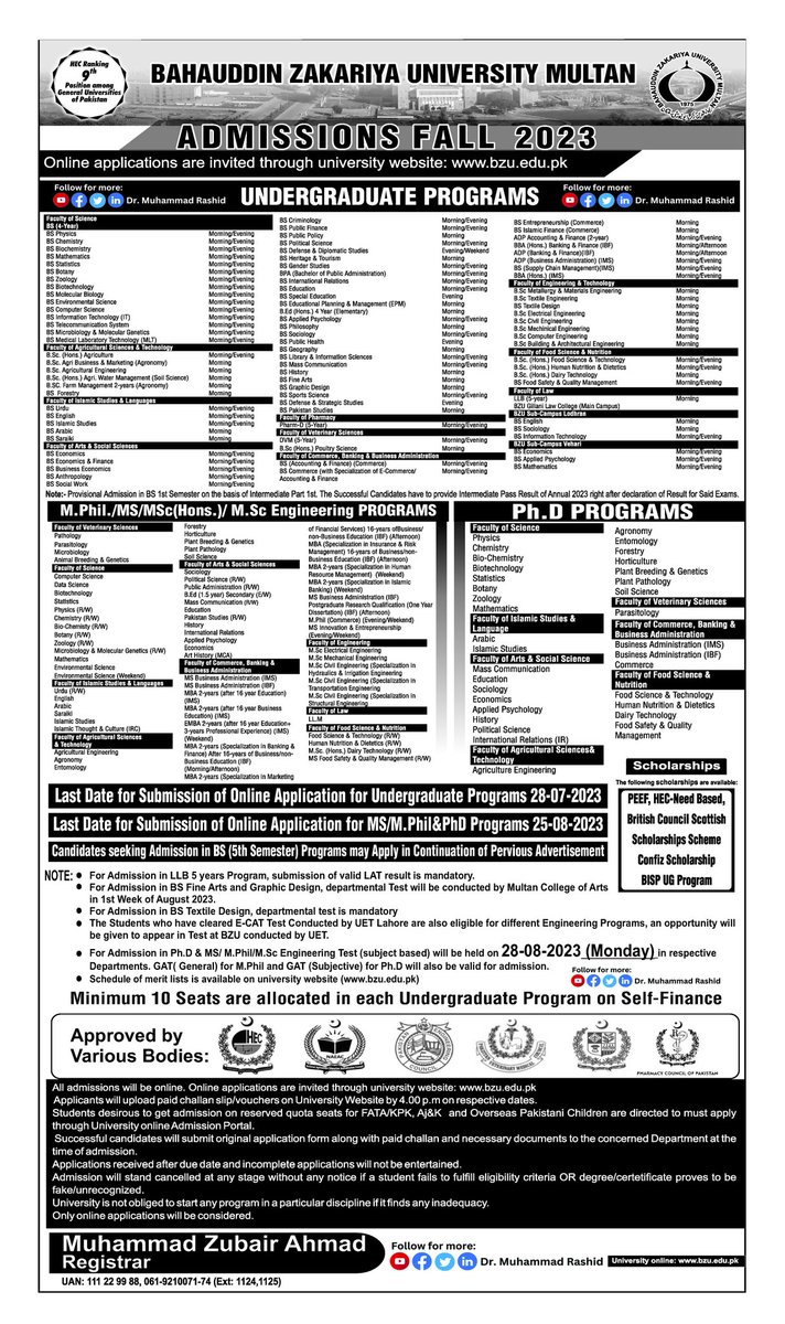 dr_rashid_malik's tweet photo. Admissions Open in Bahauddin Zakariya University, Multan, Pakistan 🇵🇰
Apply Online:
https://t.co/DvU5tZts0f
#bzu #university #falladmissions #careers #education #intermediate #bachelordegree #undergraduate #postgraduate #educationforall #educationmatters #educationalleadership https://t.co/geaY6WYVDJ
