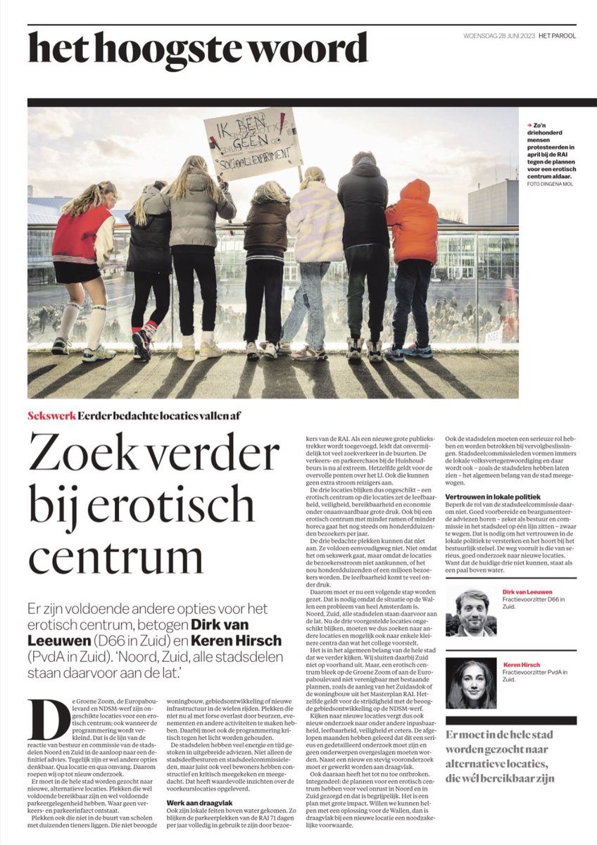De huidige voorgestelde locaties zijn niet geschikt voor een erotisch centrum.

Luister naar de stadsdelen en zoek naar alternatieven.

Dat betogen <a href="/DirkvLeeuwen/">Dirk van Leeuwen</a> (<a href="/D66Zuid/">D66 Amsterdam Zuid</a>) en ik (@PvdaZuid ) vandaag met een opiniestuk in het <a href="/parool/">Het Parool</a>: 
parool.nl/a-bea8d18a