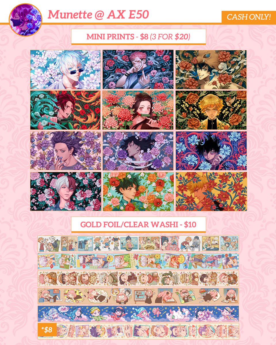 MY AX CATALOG! 🪷🌸🌹
I'll be tabling with @circus_usagi at E50! Please note I'll accept CASH ONLY (and try Payp🌸l) as payment. We appreciate your support!! 🥹

#AX2023ArtistAlley #AXArtistAlley2023 #AX2023