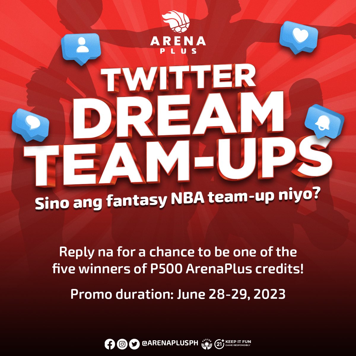 Imagine MJ and LeBron playing on the same team. Kayo, sino ang dream NBA pairing niyo? Reply na for a chance to be one of the five winners of P500 ArenaPlus credits! 🥰

Promo duration: June 28-29, 2023 

#ArenaPlusPH #AstigSaSports #TwitterDreamTeamUps