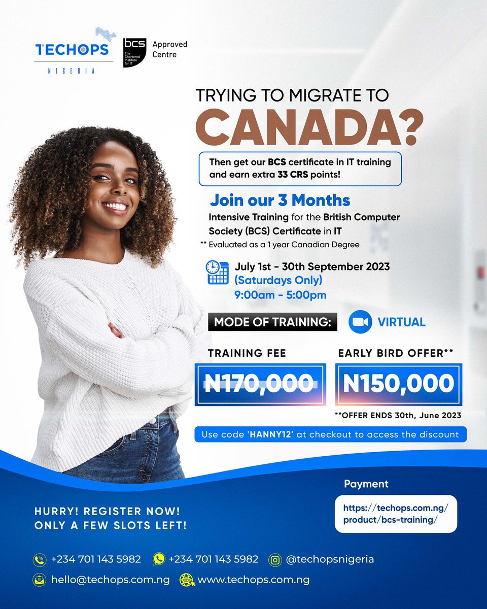 techopsnigeria's tweet photo. TechOps has a sweet offer, just for YOU!

Are you looking for a way to score an extra 33 points for your Canadian immigration process 🤔.

Use the coupon code HANNY12 to get a whooping 12% off your training fee when you register on our website. https://t.co/oLG3lyFNSb
