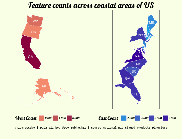 Dev_Subhash21's tweet photo. Here is my #TidyTuesday submission for W26. We're looking at the feature_name counts across the west and east coastlines of US.🌊🏖️ Both coastlines seem to be densely populated from the color gradients.
 #r4ds #tidyverse #dataviz #rstats 
Code: https://t.co/CJjQEL7Aft https://t.co/WSHfvvI90f