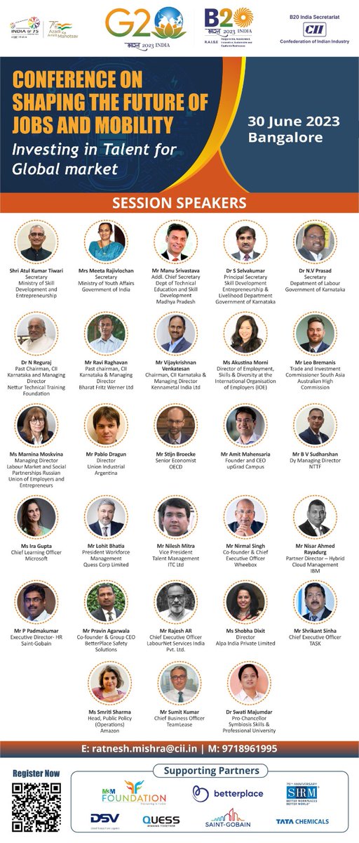 b20's tweet photo. B20 India Conference on 'Shaping the Future of Jobs and Mobility: Investing in Talent for the Indian & Global Market' is happening on 30th June 2023 in Bengaluru. Get ready for insightful discussions on talent investment and the future of work. Let's harness India's technological prowess for a skilled workforce. 🌍👩‍💼👨‍💼 #FutureofWork #SkillsDevelopment #Industry4.0 Register now https://t.co/4ROCwYLyo5 @CII4SR @Followcii @CII_Skills