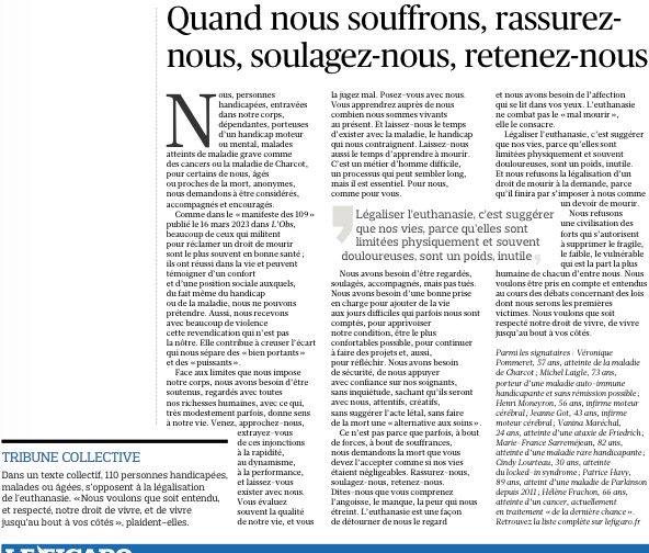 A l'appel des 109 people en bonne santé répond celui de 110 'anonymes' malades 'L'#euthanasie est une façon de détourner le regard et ns avons besoin de l'affection qui se lit dans vos yeux. L'euthanasie ne combat pas le 'mal mourir', elle le consacre' lefigaro.fr/vox/societe/eu…