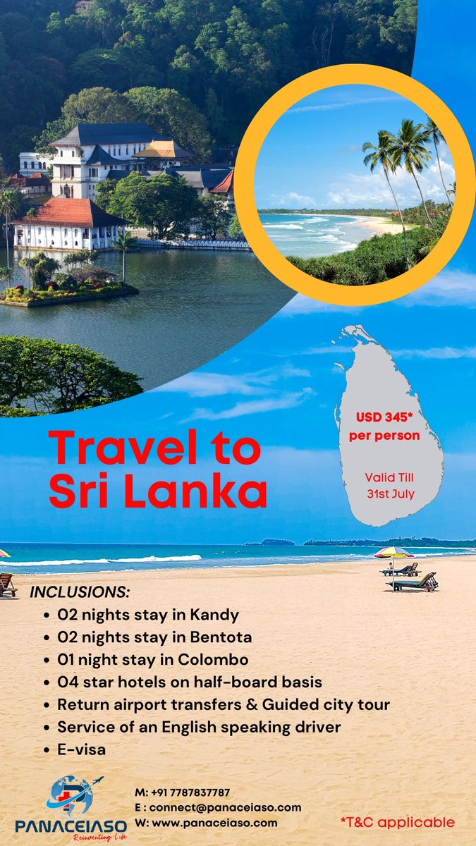 Book your #SriLanka adventure now and immerse yourself in the culture, explore the nature, & create lifelong memories in this #tropicalhaven.
Don't miss out on this incredible offer!

Connect with Us :
📧connect@panaceiaso.com
📞077878 37787

#Travel  #offers #tourism #panaceiaso
