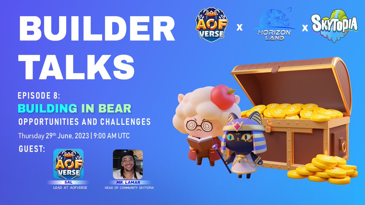 HorizonLandMeta's tweet photo. 🎙️ Hold onto your seats for an extraordinary episode of @BuilderTalks! 🌟 The 8th edition is about to blow your mind! 🔥🎧

🚀 Join us on June 28th, 2023, at 9:00 AM UTC for an exclusive conversation with TWO incredible guests from @AOFverse and @SkylandNFTs 🎉✨

In this special episode, we explore the thrilling world of "Building in Bear: Opportunities and Challenges." 🐻🏗️ Discover the secrets, triumphs, and obstacles faced by these innovative projects as they redefine the gaming landscape! 💥

Don't miss out on this captivating episode! Tune in to Builder Talks and unlock the doors to endless possibilities! 👉https://t.co/Lf1I6WDbDL