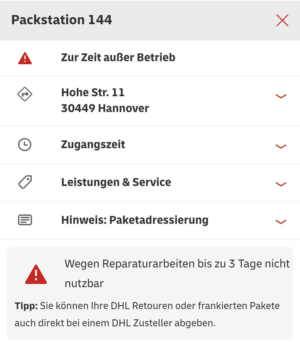 Hey <a href="/DHLPaket/">DHL Paket</a> wie lange sind bei euch "bis zu 3 Tage"? Vielleicht passt ihr den Text besser mal den Gegebenheiten an (inzwischen Wochen, Monate?). Denn so laufen weiter jede Menge Pakete an der defekten (?) Packstation auf, was allen Beteiligten Umstände verursacht.