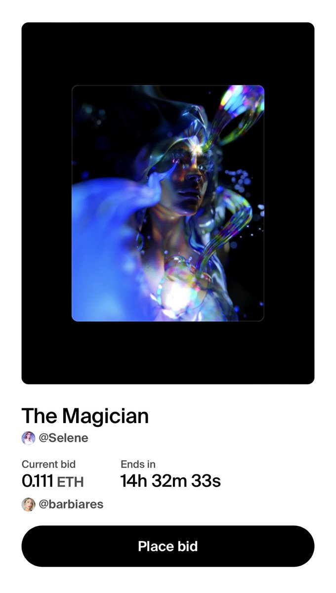 Gm fam 🩵

A bid started in #Dimensions world!

Congrats to @Selene_visuals and <a href="/Barbiares/">Barbi Ares</a> who placed a pid on this awesome piece 👏🏼💎

We passed 1 eth and there are some FREE editions to celebrate it👇🏽