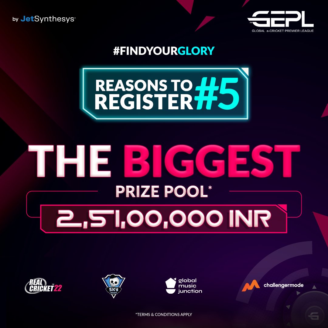 Do you really need a reason to register? We will give you 5!

Here is #5 ➡️ GEPL.LIVE 👊

<a href="/RealCricket20/">Real Cricket Official</a> <a href="/JetSynthesys/">JetSynthesys</a> <a href="/skyesportsindia/">Pradhyum</a> <a href="/Challengermode/">Challengermode</a> | #FindYourGlory #GEPL #eCricket #RealCricket #esports #JetSynthesys #Skyesports #Challengermode