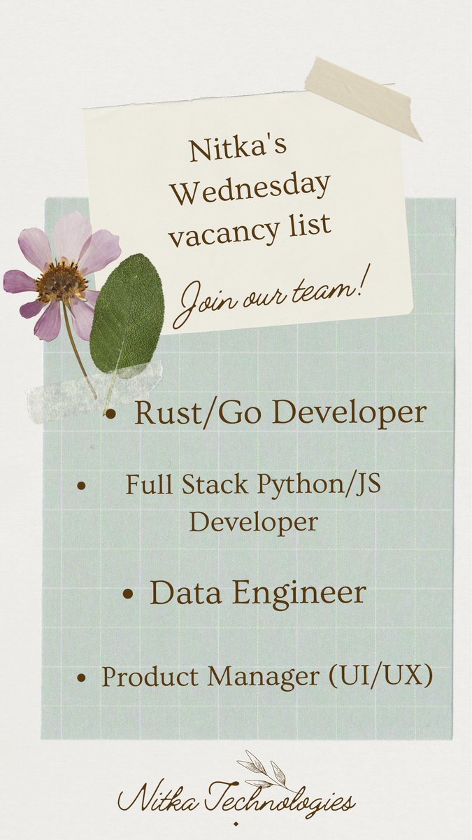 Nitka's Wednesday #vacancies  list
#DataEngineering #data #Rust #golang #Python #React  #вакансия #Nitkahiring #Job #jobalert #twitme #jobpost #tech #techjobs #developer #softwareengineer #webdevelopment #Programming