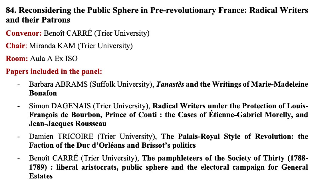 Barlafuess's tweet image. 3 July #Isecs2023 Aula A ex Iso, 1-4pm:
Panel 164: #Secularization ? (J.Burson&amp;amp; @DTricoire
: #Enlightenment; @teopolit: #FrenchRevolution; me: #HaitianRevolution)
Panel 84: #PublicSphere in Prerev. #France: Radical Writers&amp;amp;their #Patrons by @PaPaERC @1SimonDagenais @benoitcarre87