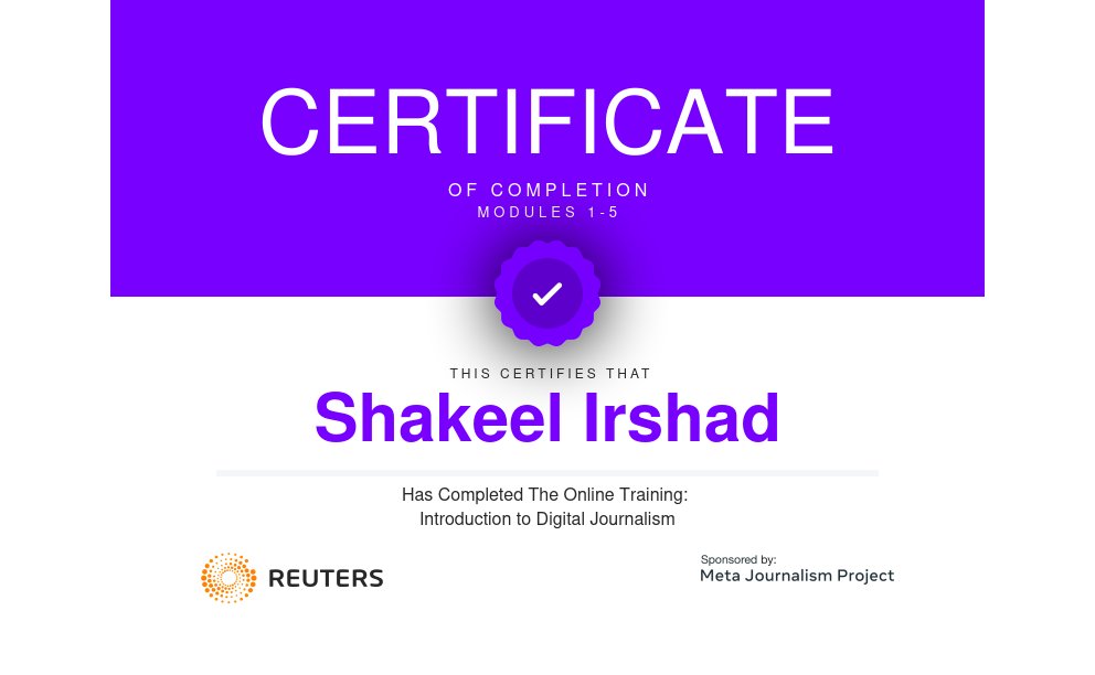 I am delighted to present my Certificate of completion for the Reuters digital journalism course. 🎖️ It was an incredible learning experience that enhanced my skills and knowledge in the field. Grateful to #Reuters for this opportunity to grow professionally. #DigitalJournalism