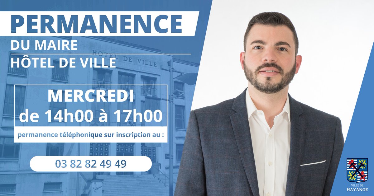 📍 PERMANENCE du Maire de #Hayange sans rendez-vous - Mercredi 28 juin
N'oubliez pas votre rendez-vous hebdomadaire avec M. le Maire @FabienEngelmann qui sera à votre écoute de 14h à 17h à l'hôtel de ville. 
N'hésitez pas à venir le rencontrer !