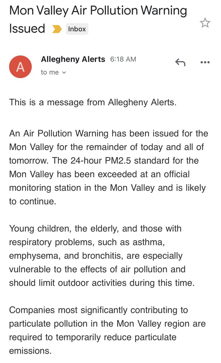 GASP (@gasppgh) on Twitter photo HEADS UP: Our area waking up to horrific air quality, w/ Pittsburgh & and suburbs like Moon current NowCast AQI in the Purple, very unhealthy range. DEP declared today a Code Red AQ Action Day. <a href="/HealthAllegheny/">Allegheny County Health Department</a> this morning upgraded its Mon Valley Watch to a warning. TAKE CARE! HEADS UP: Our area waking up to horrific air quality, w/ Pittsburgh & and suburbs like Moon current NowCast AQI in the Purple, very unhealthy range. DEP declared today a Code Red AQ Action Day. <a href="/HealthAllegheny/">Allegheny County Health Department</a> this morning upgraded its Mon Valley Watch to a warning. TAKE CARE!