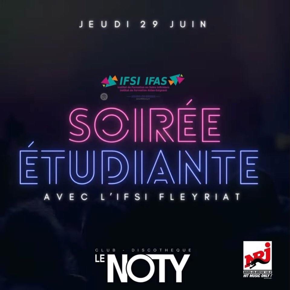 Jeudi soir au Noty Club Soirée étudiante avec l’IFSI FLEYRIAT @beif_fleyriat 
Avec NRJ 
JEUDI 29 JUIN 23h - 5h
#notyclub #noty #bourgenbresse #infirmiere #party