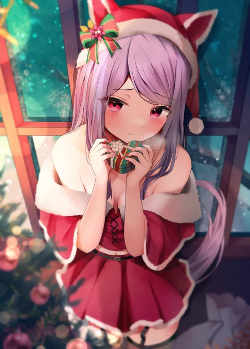 サンタコスなマックイーン 「私からのクリスマスプレゼント…ですわ…///」   #ほっぺの斜線はかわいい #ウマ娘