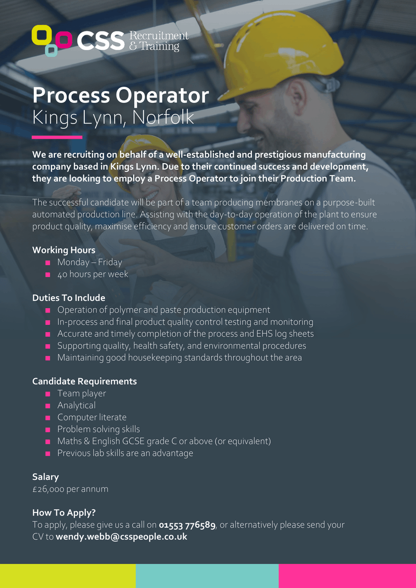 Looking for a new role 👀

👉 Process Operator
💷 £26,000 per annum
📍 Based in Kings Lynn, Norfolk

☎️ Please call us today on 01553 776589
📧 Or email wendy.webb@csspeople.co.uk

#Jobs #JobSearch #JobHunt #ProcessOperator  #IndustrialJobs #PermanentJobs #NorfolkJobs