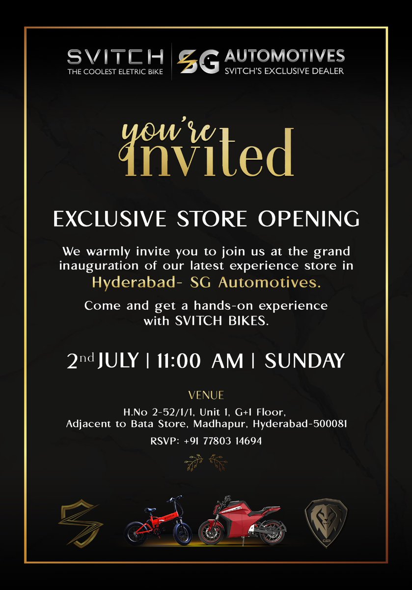 It's finally here! Our new shop is opening its doors, and we want you to be a part of it.
Join us for the grand opening and see what all the fuss is about.

#ebikes #opening #EXCLUSIVE #exclusivestore #Hyderabad #ExperienceLuxury #athleisureforlife 
#ClimateAction #GREENPROJECT