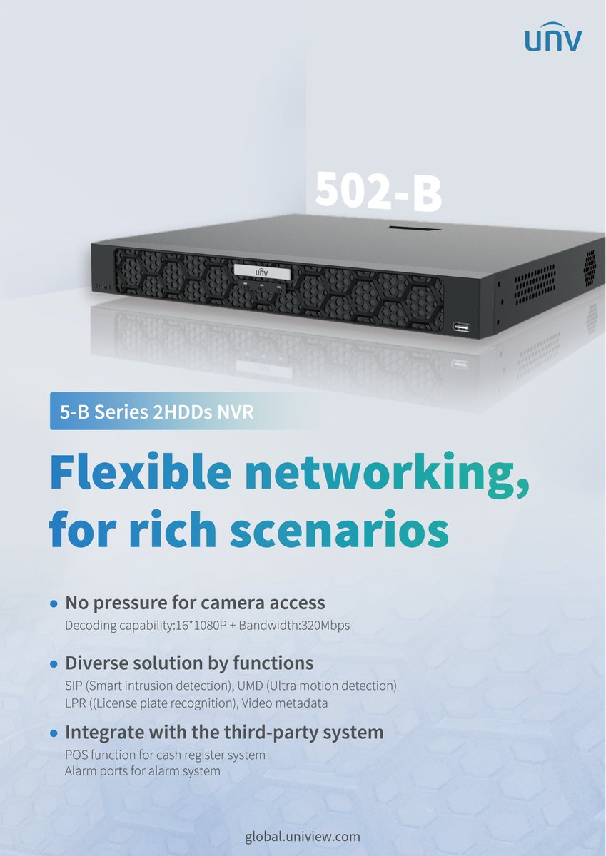 UniviewTech's tweet photo. No more camera access pressure!  Introducing the UNV 5-B Series 2HDDs NVR, with flexible networking, for rich scenarios. With its powerful decoding capability of 16*1080P and bandwidth of 320Mbps, you can now effortlessly manage your camera feeds without any hassle. 
#Uniview https://t.co/MNe0hAc9vZ