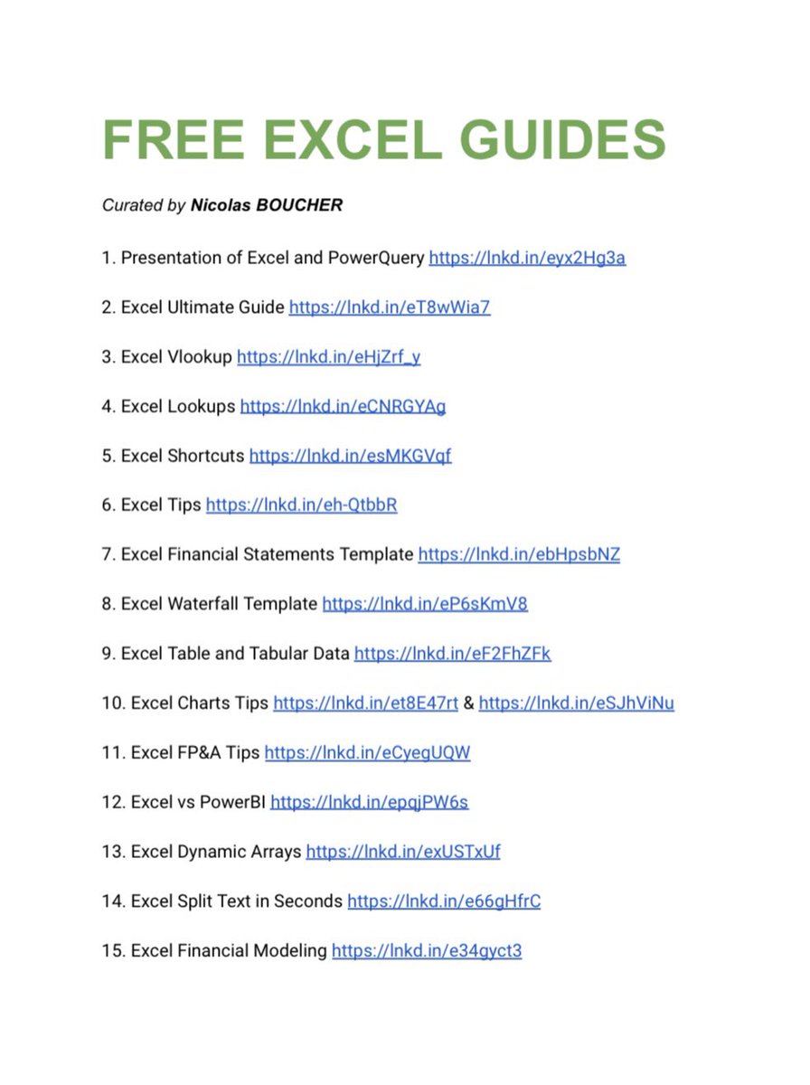 FREE EXCEL GUIDES 1. Presentation of Excel and PowerQuery lnkd.in/eyx2Hg3a 2. Excel Ultimate Guide lnkd.in/eT8wWia7 3. Excel Vlookup lnkd.in/eHjZrf_y 4. Excel Lookups lnkd.in/eCNRGYAg 5. Excel Shortcuts lnkd.in/esMKGVqf 6. Excel Tips…