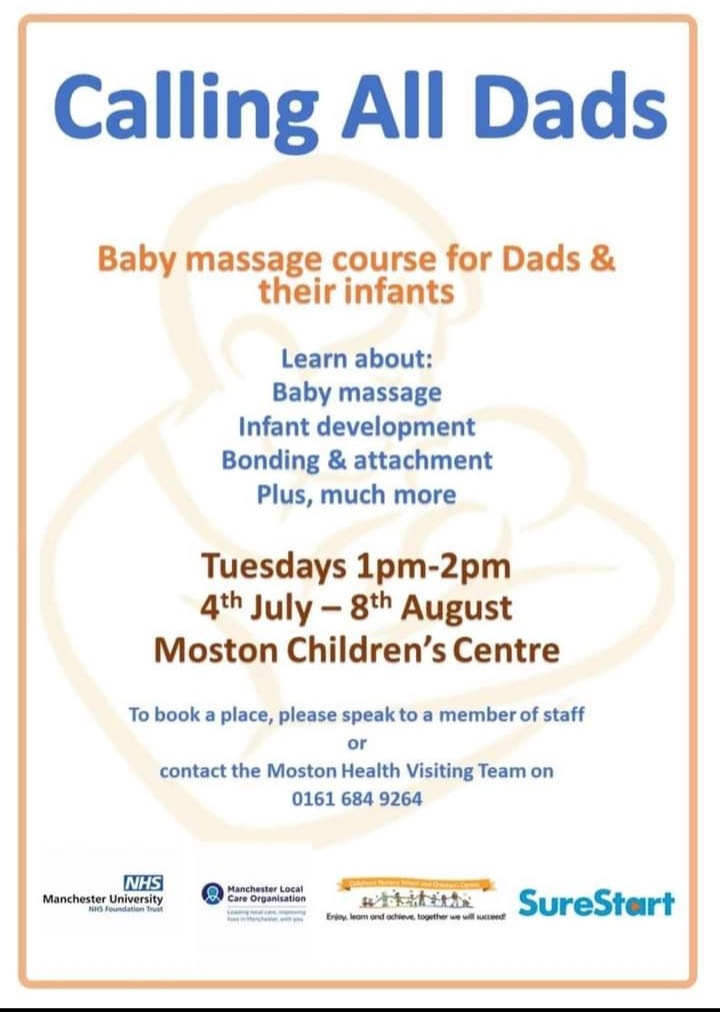 Calling all Dads, Male Role Models etc... Baby Massage at Moston Sure Start Childrens Centre
#DadsMatterToo
@Dadsunltd 
#DadsMatter