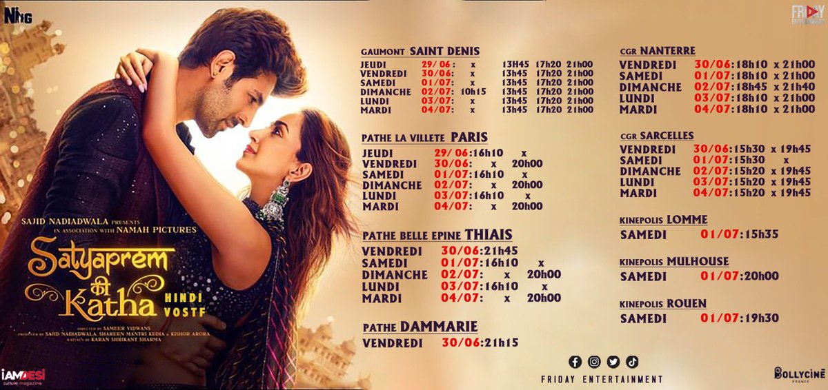 #SatyaPremKiKatha in #France´s showtime 🇫🇷

From this #29thJune 

#France release by @FridayEntmt 

@TheAaryanKartik @sameervidwans @shareenmantri @kishorarora19 @karandontsharma @NGEMovies @namahpictures @WardaNadiadwala 

@raogajraj #SupriyaPathakKapur @IamSiddharthR…