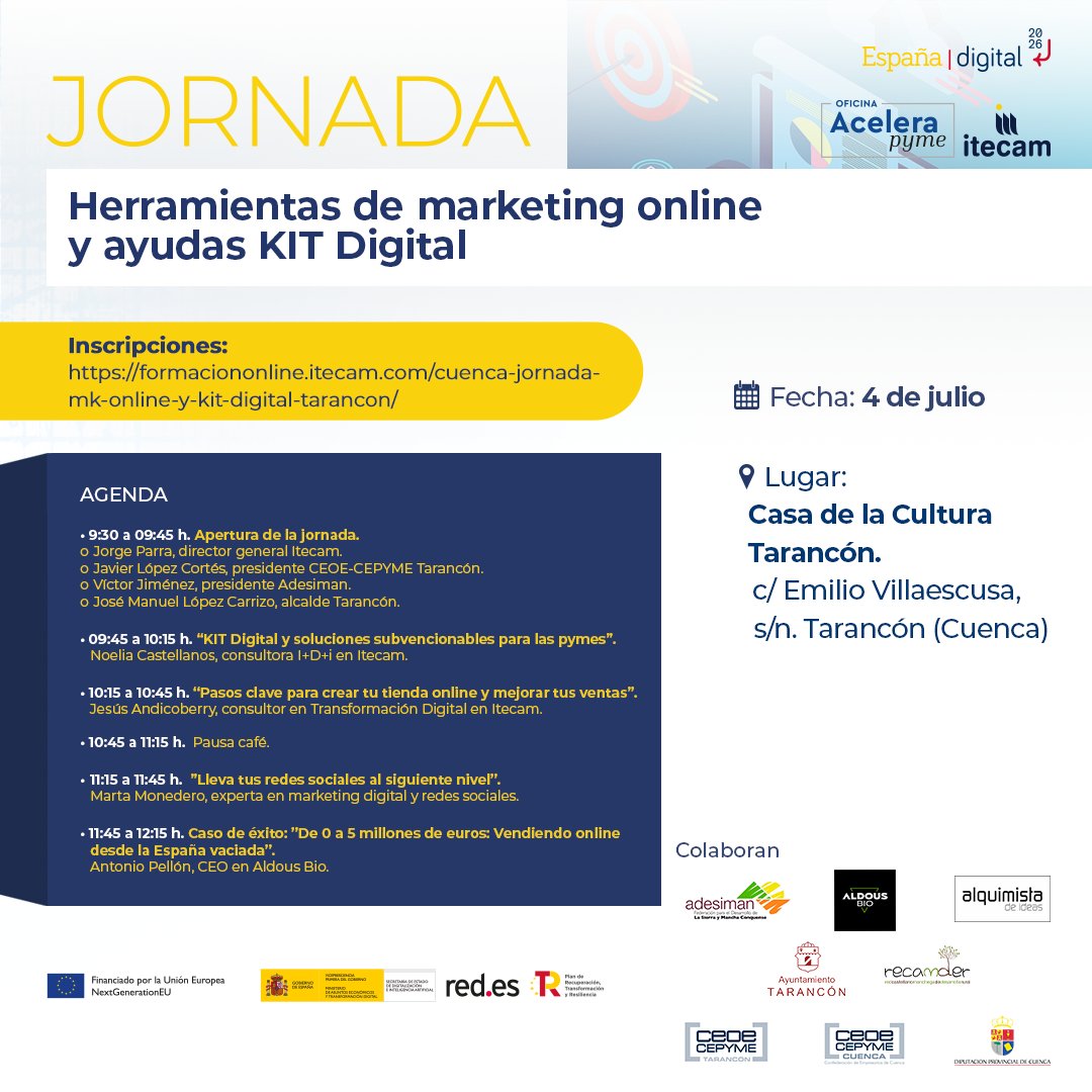 Contaremos con expertos de @alquimistadeideas, <a href="/AldousBio/">Aldous Bio</a> e #Itecam. Esta jornada se realiza con la colaboración de @Adesiman_, @Ayuntamiento de Tarancón, <a href="/DipuCuenca/">Diputación de Cuenca</a>, <a href="/CEOETARANCON/">CEOE CEPYME TARANCON</a>, <a href="/ceoecuenca/">CEOE CEPYME CUENCA</a> y @recamder.

¡Te esperamos en #Tarancón!