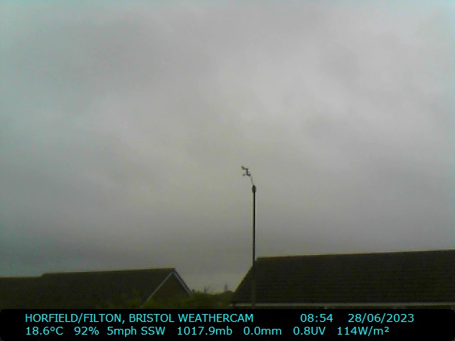 #bristol #weather 08:55 28/6/2023, mainly cloudy/dry/warm, T:18.6C, W:9mph(W), B:1017.9mb(Steady), H:92pct, R:0.0mm