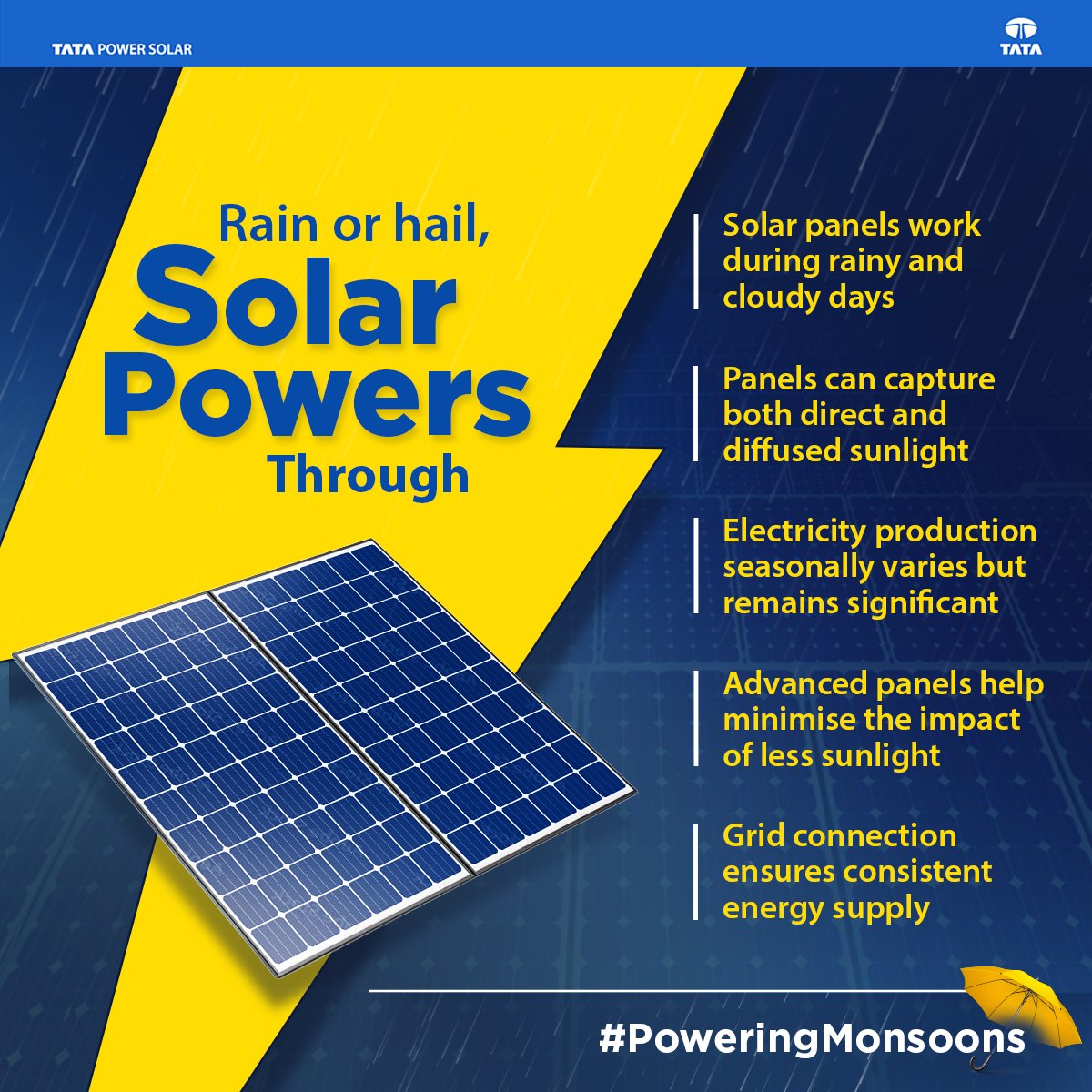 Always thought monsoons hinder solar power generation? Bust the myths and learn how solar can thrive even in less sunlight. Switch to green energy with Tata Power Renewables and power through monsoons sustainably.

#PoweringMonsoons #SolarWorksInMonsoon