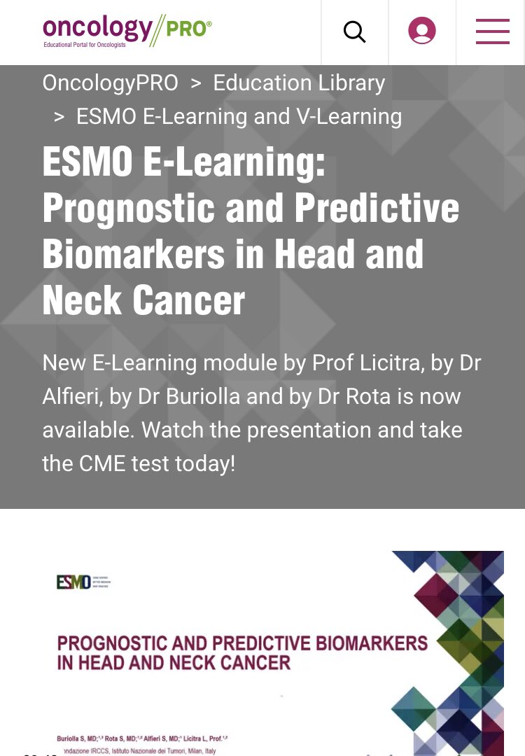 Just released our comprehensive work about prognostic and predictive biomarkers in HNSCC. 
Special thanks to <a href="/ESMO_Open/">ESMO Open</a> <a href="/myESMO/">ESMO - Eur. Oncology</a> for the opportunity and to <a href="/licitra_lisa/">Lisa Licitra</a>, <a href="/drsalvoalfieri/">Salvatore Alfieri</a> and <a href="/Simorota6/">Simone rota</a> for the amazing team work.

oncologypro.esmo.org/education-libr…