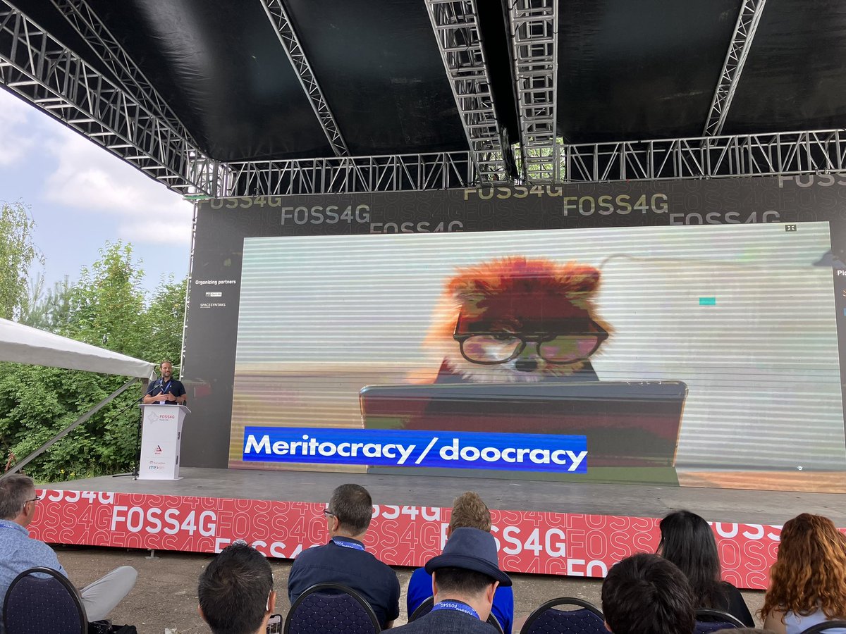 allixender's tweet photo. #opensource project success depends on contributions and actual doing #meritocracy #doocracy But it’s also labour that should be compensated for so #sponsoring and paid contract work is needed. #FOSS4G2023 keynote @mbernasocchi #seeding https://t.co/2wU5N85azl