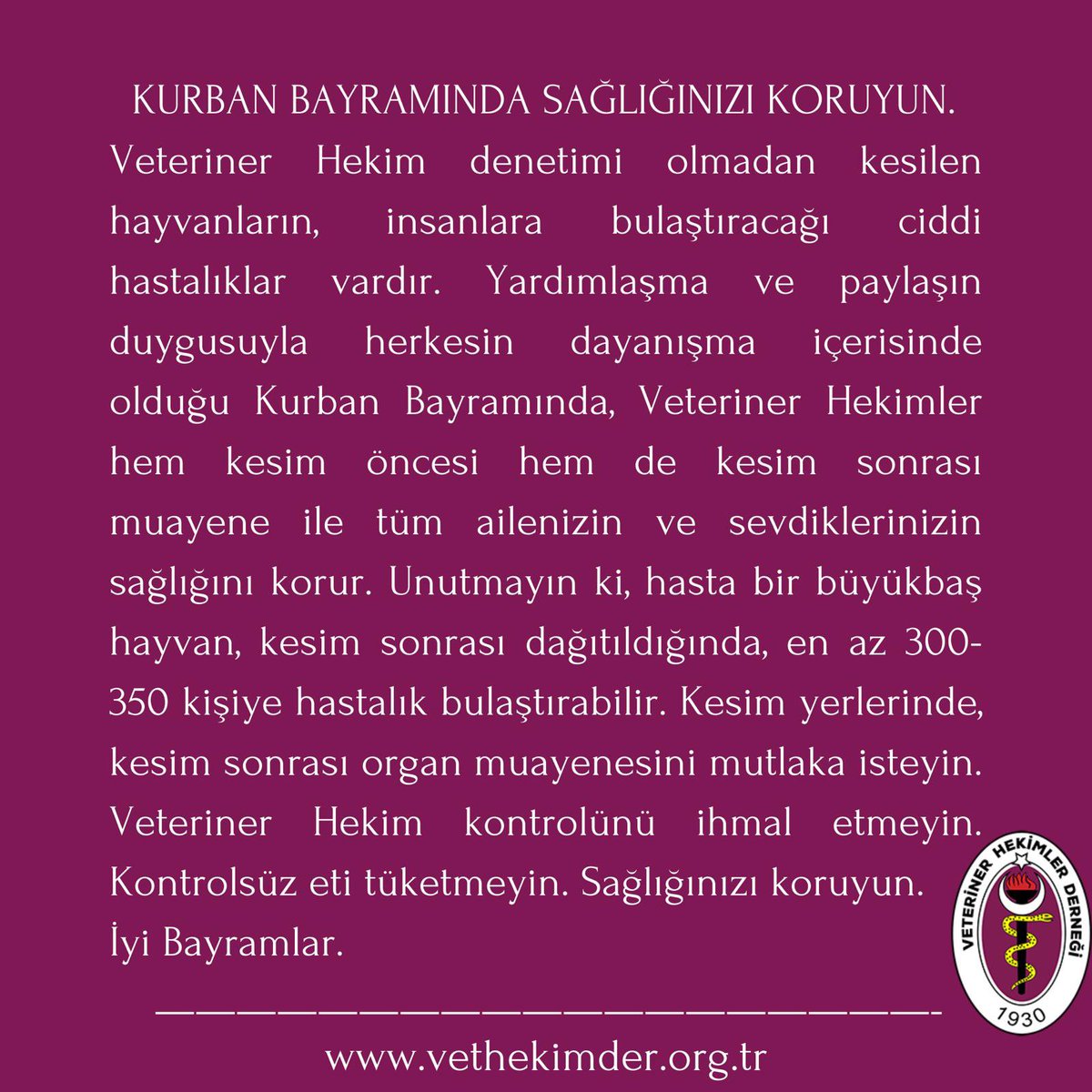 KURBAN BAYRAMINDA SAĞLIĞINIZI KORUYUN.Veteriner Hekim denetimi olmadan kesilen hayvanların, insanlara bulaştıracağı ciddi hastalıklar vardır.Hasta bir büyükbaş kesim sonrası,dağıtıldığında,en az 300kişiye hastalık bulaştırabilir. #kurbanbayramı #hayvansağlığı #zoonotikhastalıklar