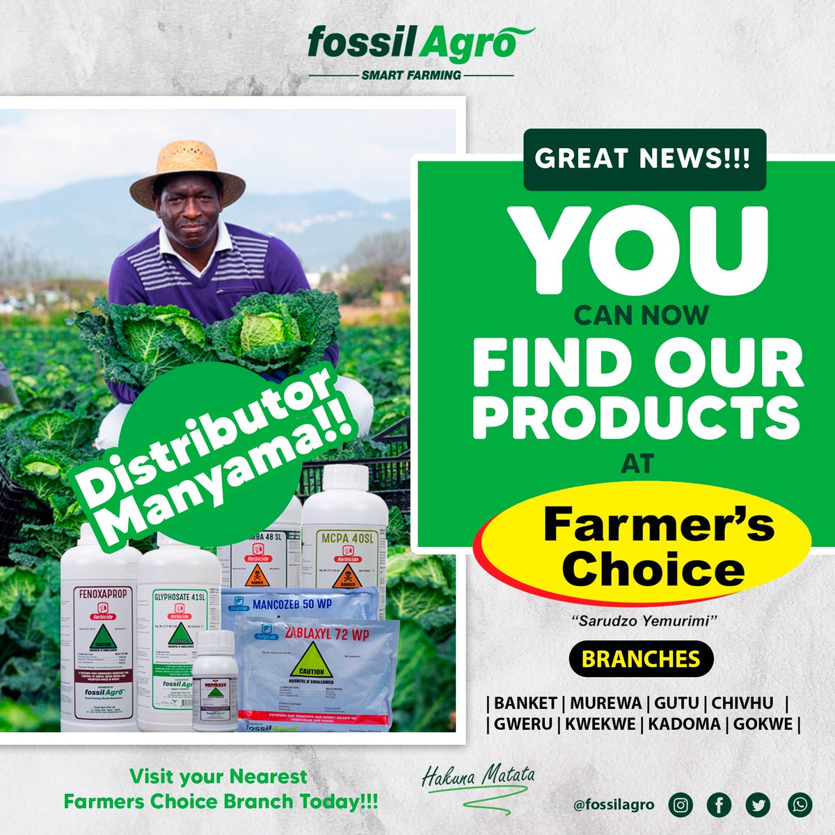 Great News!!!

Your Smart Farming Partner just got Closer to You!!! You can now purchase our products at Farmer's Choice Shops in Banket, Chivhu, Gokwe, Gutu, Gweru, Kadoma or Murewa!

#FossilAgro #smartfarming #SmartPartnerships #hakunamatata