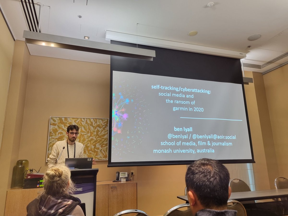 @benlyal presenting his research on the 2020 Garmin hack using data collected from social media. Early findings highlight how self-trackers lost 'datasense' & their workarounds to the outage #ISAWCS23