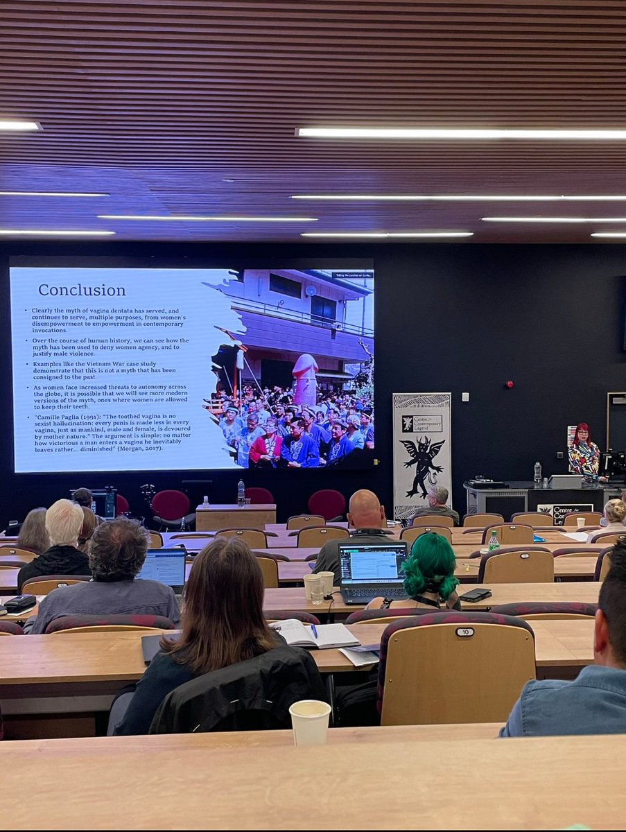 So proud of my enormous vagina slideshow yesterday. Got to take advantage of the enormous lecture screen at the <a href="/ISCLR/">Contemporary Legend</a> conference, hosted by the <a href="/Centre_4_Legend/">Centre for Contemporary Legend</a>) to talk about the history and contemporary relevance of vagina dentata folklore 👄
#vaginadentata #folkloreandhorror