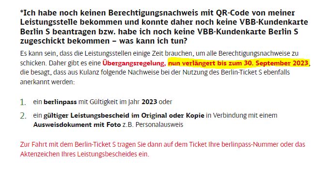 +++ Berlin-Ticket S +++

Wichtige Info für alle Inhaber:innen eines Berliner Sozialtickets: Die Übergangsregelungen für Nachweise wurden noch einmal verlängert und zwar bis zum 30. September.

Alle Infos dazu findet ihr hier: sbahn.berlin/tickets/alle-t…

#Sozialticket #Berlin