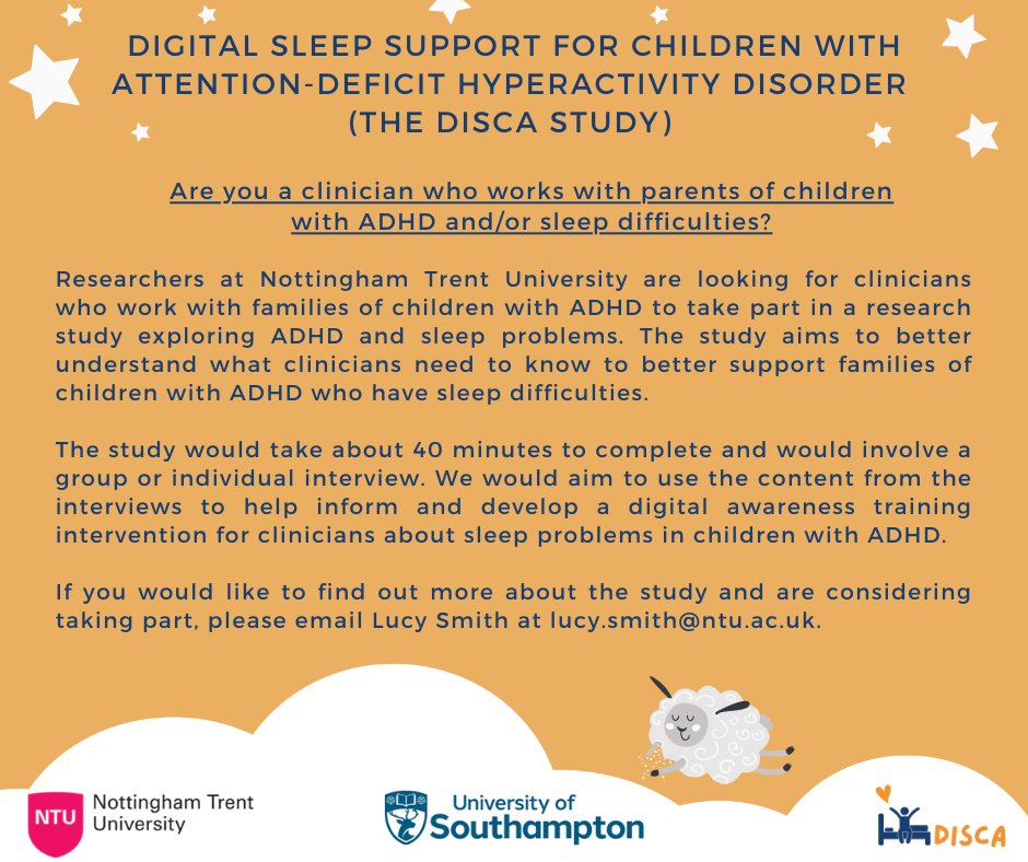 Are you a clinician working with parents of children with #ADHD and/or #sleep difficulties? If you could spare 40 minutes to take part in an online interview, we would love to hear from you! Contact lucy.smith@ntu.ac.uk to find out more or book in. <a href="/UoS_PrimaryCare/">Primary Care Research Centre</a> <a href="/TrentUni/">Nottingham Trent University</a>