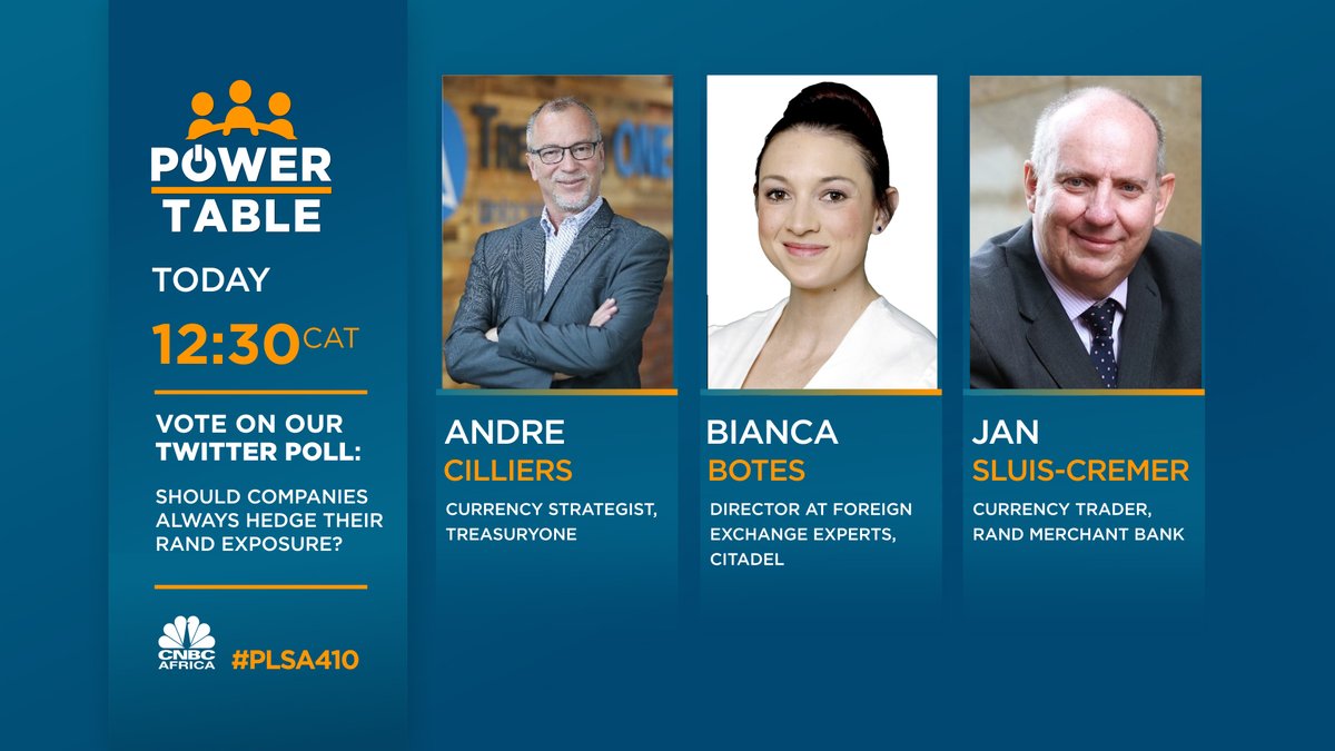[WATCH] Today on #PLSA's #PowerTable: Should companies always hedge their rand exposure? For this discussion we're joined by <a href="/andre_treas1/">Andre Cilliers</a>, <a href="/BiancaBotes3/">Bianca Botes</a> and Jan Sluis-Cremer, tune in at 12h30 CAT.
Feel free to partake in our poll: bit.ly/43hZAsF