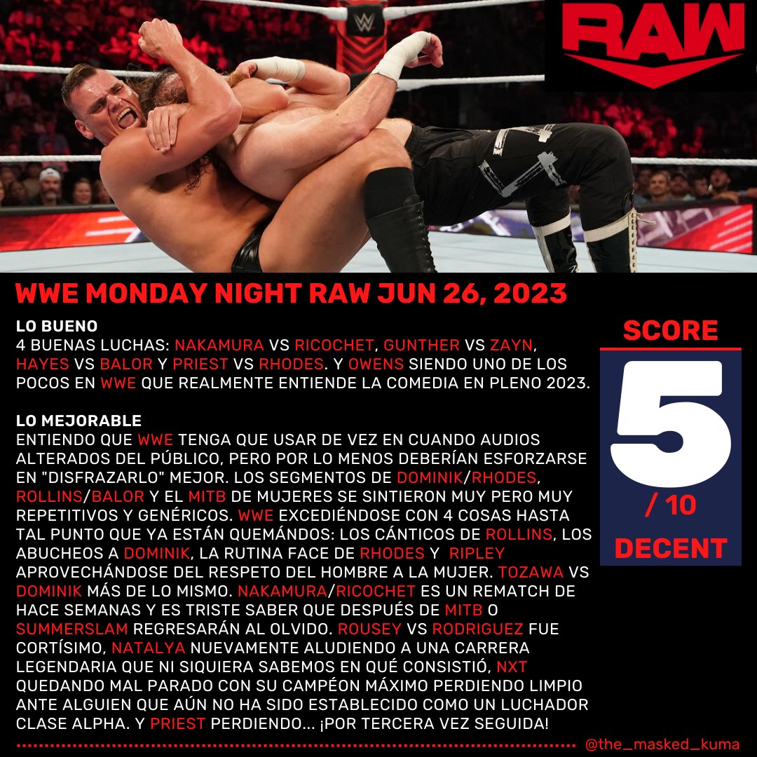 The_Masked_Kuma's tweet photo. #wweraw JUN 26 2023 THOUGHTS/IMPRESIONES!

#wwemitb is already a financial success. Then why would #wwe put any big effort on this #raw ?

#wrestling #tripleh #vincemcmahon #codyrhodes #dominikmysterio #rhearipley #finnbalor #sethrollins #kevinowens #samizayn #gunther #beckylynch https://t.co/U244egQ87b