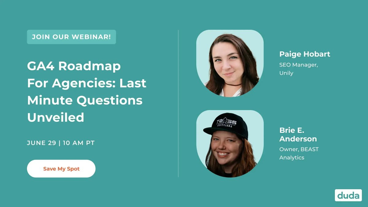 GA4 The Last Call Have you moved to GA4? If you haven´t you should and we show you how If you have, do you still have questions, we will address them live session with @brie_e_anderson @PaigeHobart via @buildwithduda Register now, and attend on June 29th buff.ly/43Mt82w