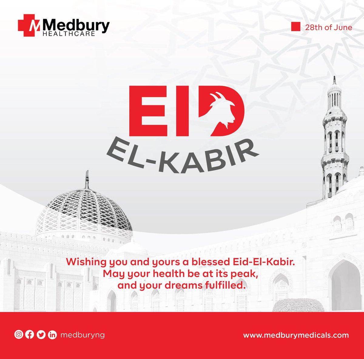 MedburyNG's tweet photo. Wishing our cherished clients a joyous Eid al-Adha! May this season bring good health, renewed faith and prosperity. From all of us at Medbury Healthcare!
#EidAlAdhaMubarak #medbury #medburyhealthcare #EidUlAdha2023 #Anita #Enzo #gistlover #EidMubarak #quakecoin https://t.co/tBlwTYcsQR