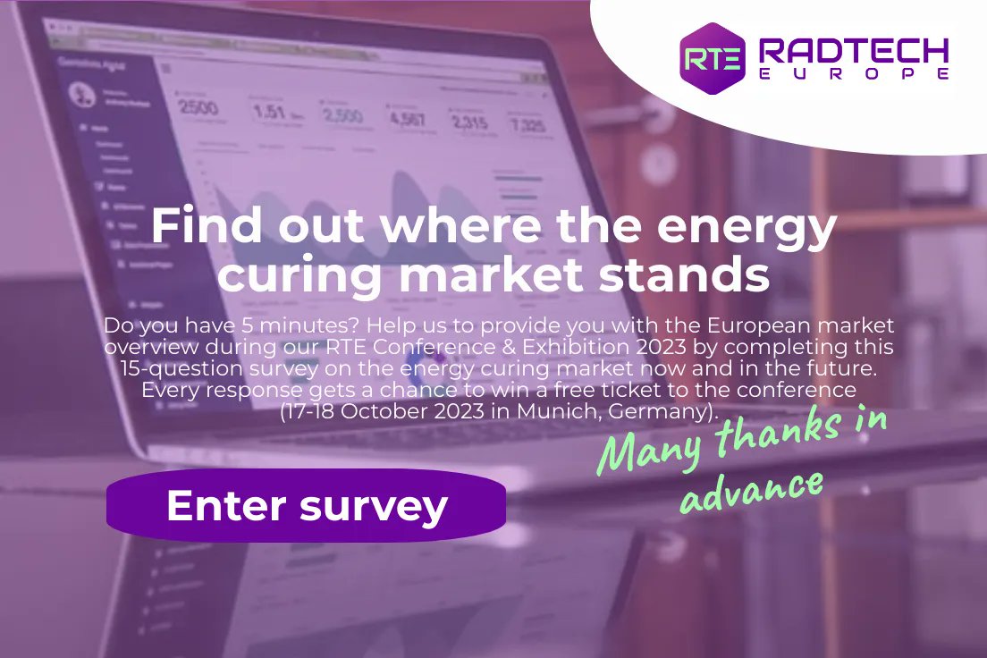 RadTech_EU's tweet photo. Fill in our 5-minute market survey and receive the full report on where the energy curing market stands. The survey is applicable to the whole energy curing value chain and one entry will win a free ticket to the RTE Conference &amp; Exhibition 2023 Enter now: https://t.co/uhK8USvQ9s https://t.co/YIIRynWaPh