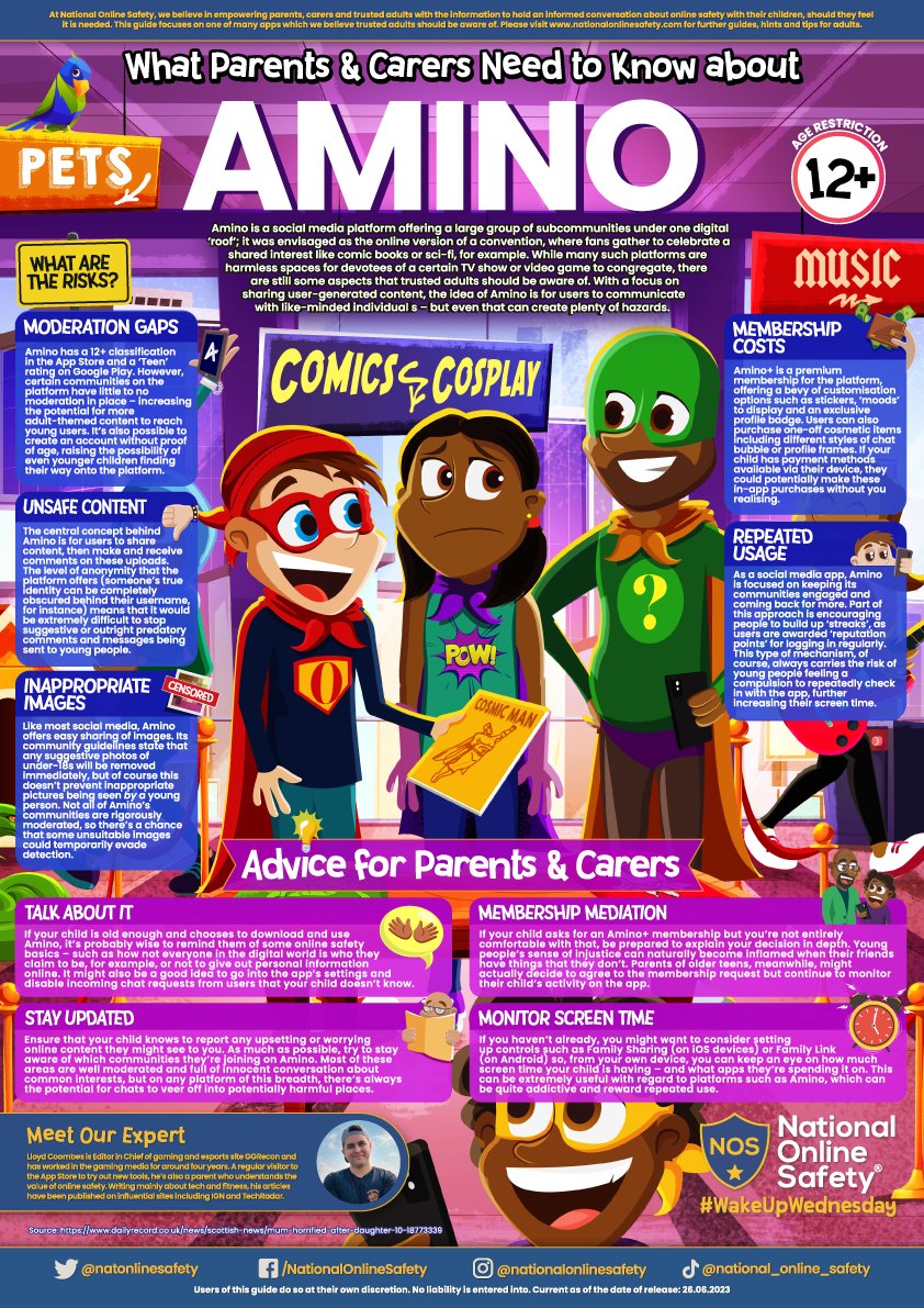Is Amino a no-no? 🤔⛔ It’s a social media platform which encourages interaction and user-generated content – but should young people be amenable to Amino? Our #WakeUpWednesday guide has the essential #OnlineSafety info you need 👀

Download &gt;&gt; bit.ly/44nRZt8