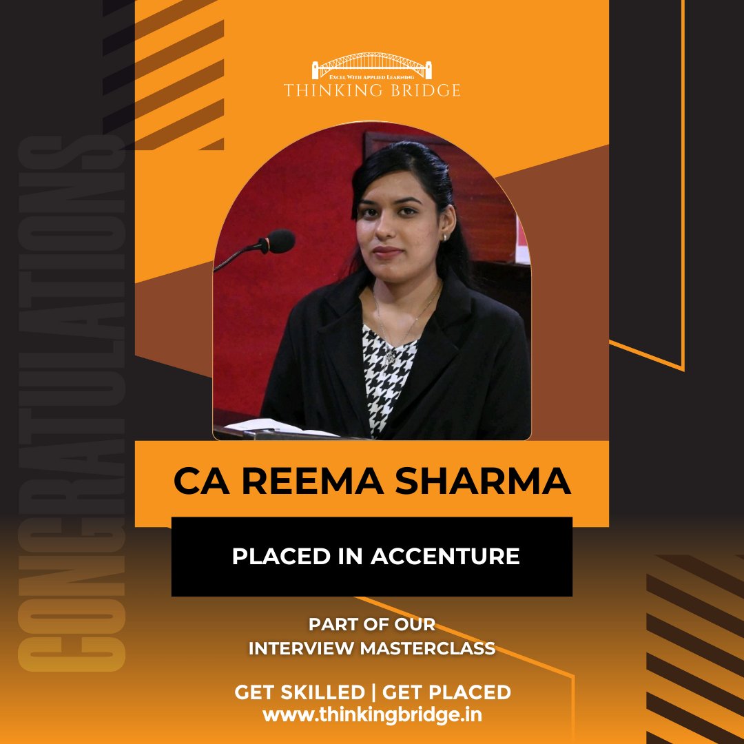thinkingbridge_'s tweet photo. Congratulations, CA Reema Sharma, on your impressive achievement of being selected by ACCENTURE!🤩
Your hard work and dedication have paid off 🎯
Team Thinkingbridge wishes you all the best for this exciting new opportunity.🥳
#thinkingbridge #interview #interviewmasterclass https://t.co/M1K0ke3JpZ