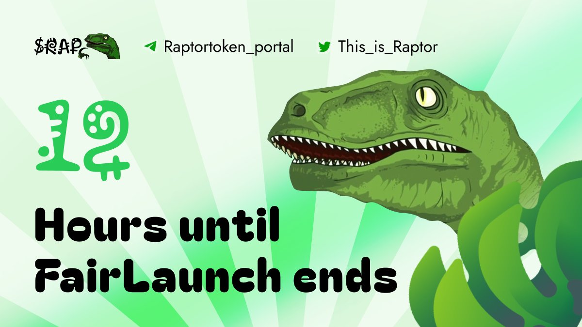 This_is_Raptor's tweet photo. ❕ Only 12 hours to go until our #presale ends!
12 hours is enough time to study the project, make a decision, prepare your wallet and buy our #token!
➡️ Buy $RAP: https://t.co/shMWPfysDP
#Philosoraptor #RAP #RAPTORBIBLE #RaptorJesus #4chantoken #Ethereum #FairLaunch https://t.co/etftTZbJdS