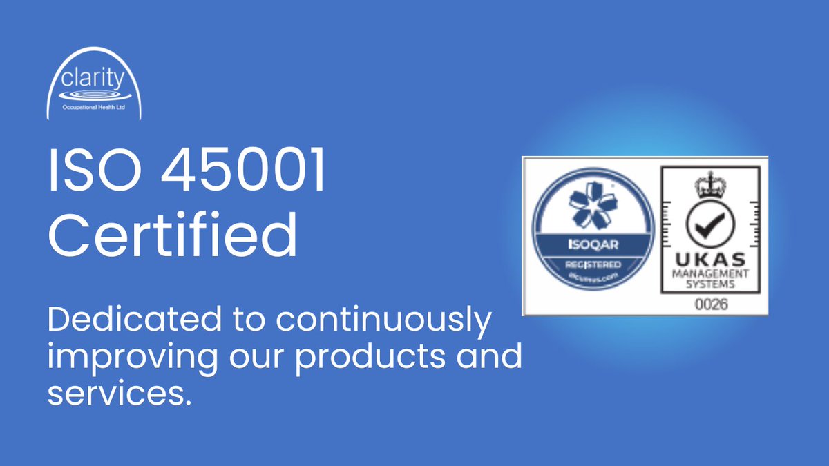 Did you know @ClarityOCCH  are ISO 45001 certified? With robust processes and engaged stakeholders, we're dedicated to continuously improving occupational health and safety practices. 
Partner with an accredited supplier today! 🌟 #ISO45001 #OccupationalHealth